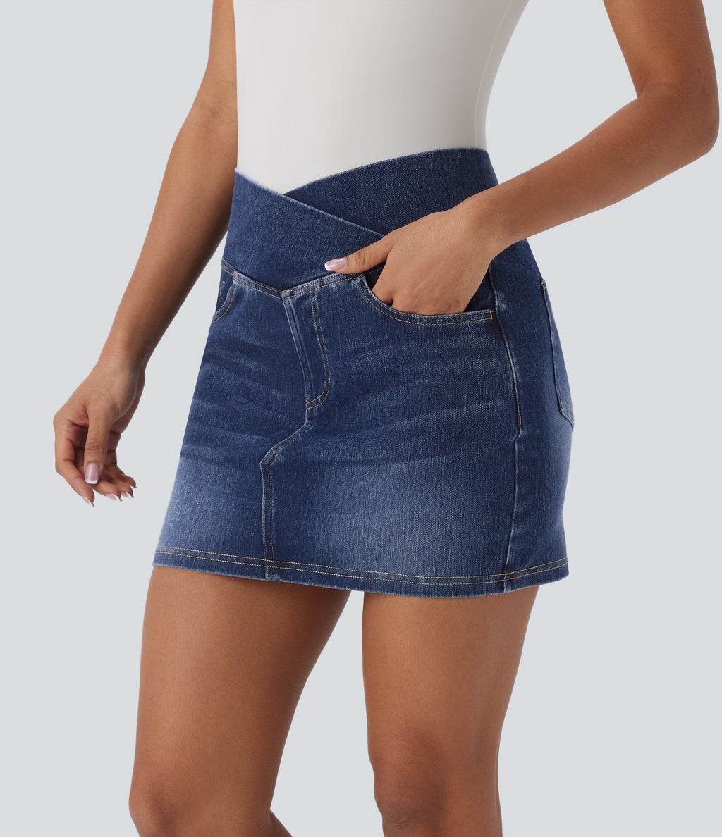 Crossover High Waisted Pockets Bodycon Mini Washed Denim Casual Skirt — Bright Blue Denim — view 1