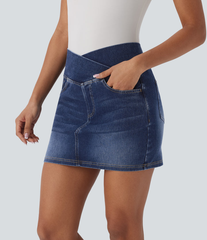 Crossover High Waisted Pockets Bodycon Mini Washed Denim Casual Skirt — Bright Blue Denim — view 1