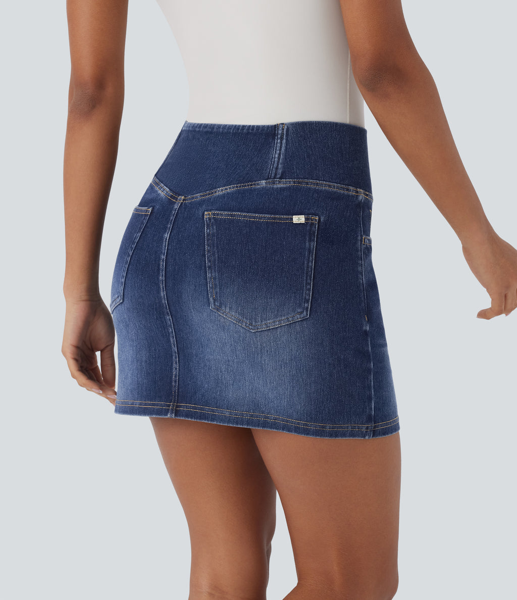 Crossover High Waisted Pockets Bodycon Mini Washed Denim Casual Skirt — Bright Blue Denim — view 4