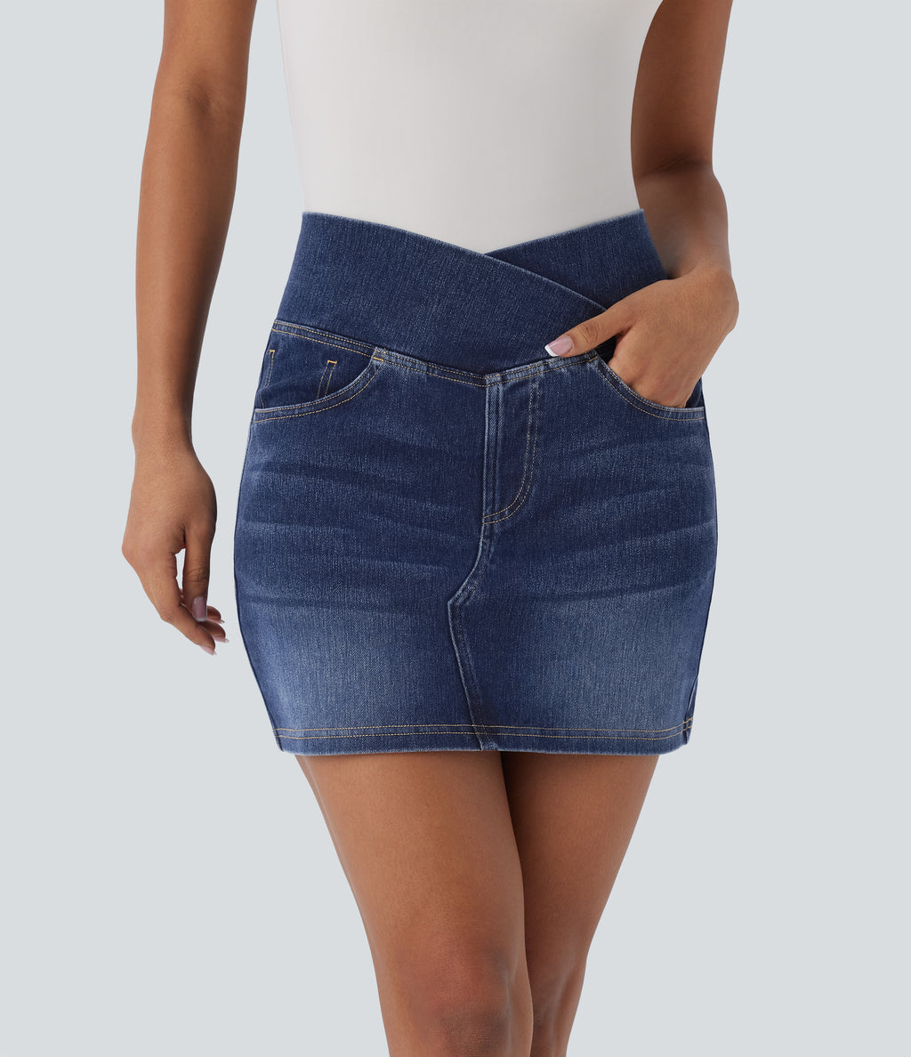 Crossover High Waisted Pockets Bodycon Mini Washed Denim Casual Skirt — Bright Blue Denim — view 2