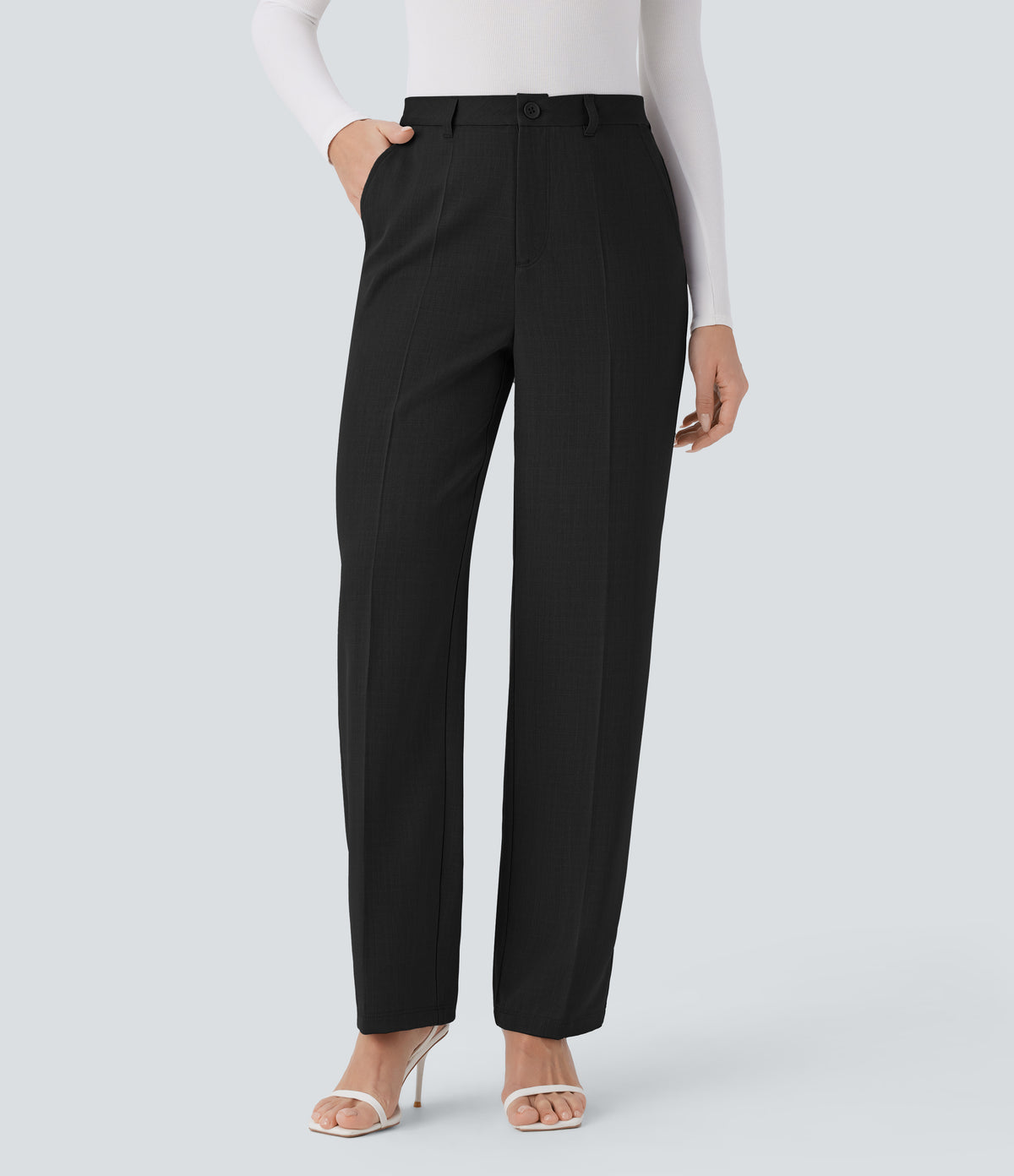High Waisted Side Pocket Straight Leg Work Trousers — Black — view 3