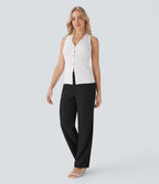 High Waisted Side Pocket Straight Leg Work Trousers — Black — view 6