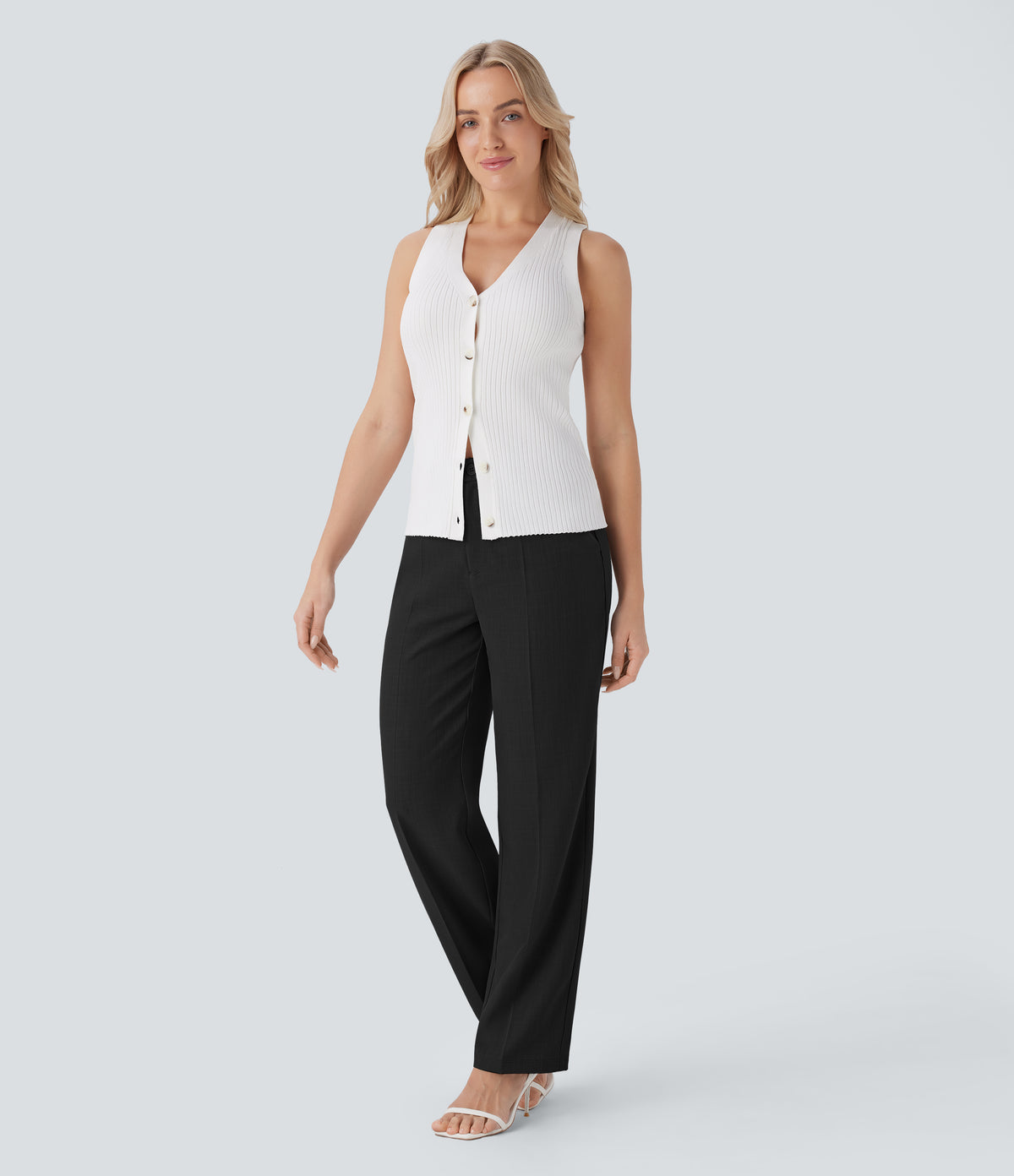 High Waisted Side Pocket Straight Leg Work Trousers — Black — view 6