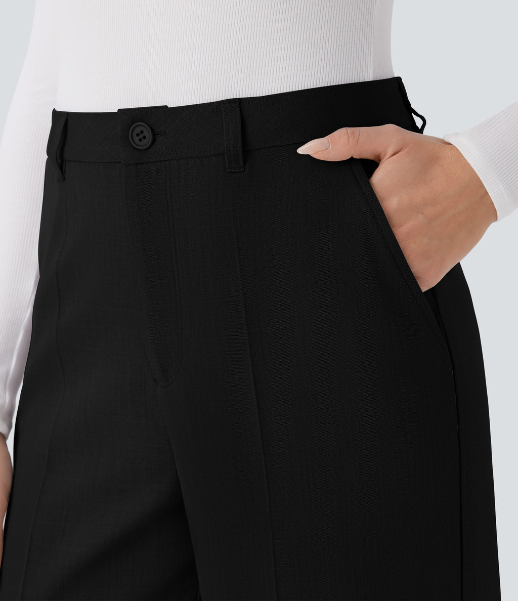 High Waisted Side Pocket Straight Leg Work Trousers — Black — view 4