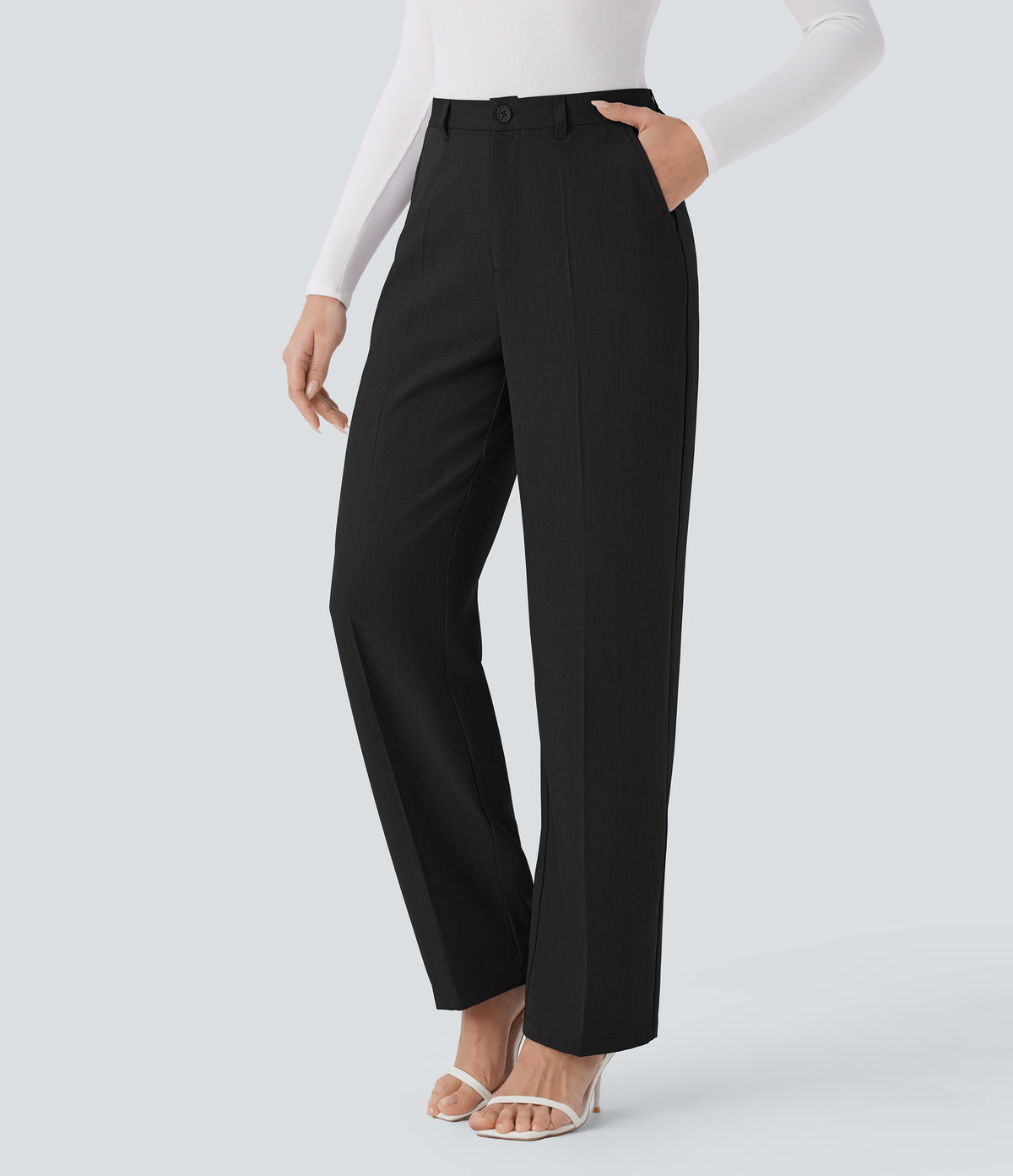 High Waisted Side Pocket Straight Leg Work Trousers — Black — view 1