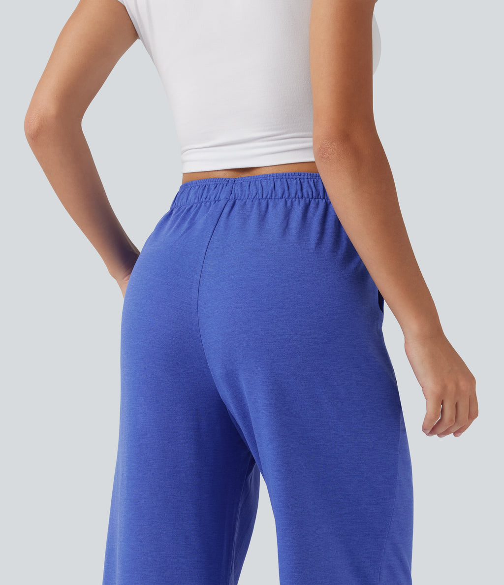 High Waisted Foldover Drawstring Side Pocket Straight Leg Casual Trousers — Mottled Glass Blue — view 6