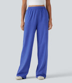 High Waisted Foldover Drawstring Side Pocket Straight Leg Casual Trousers — Mottled Glass Blue — view 4