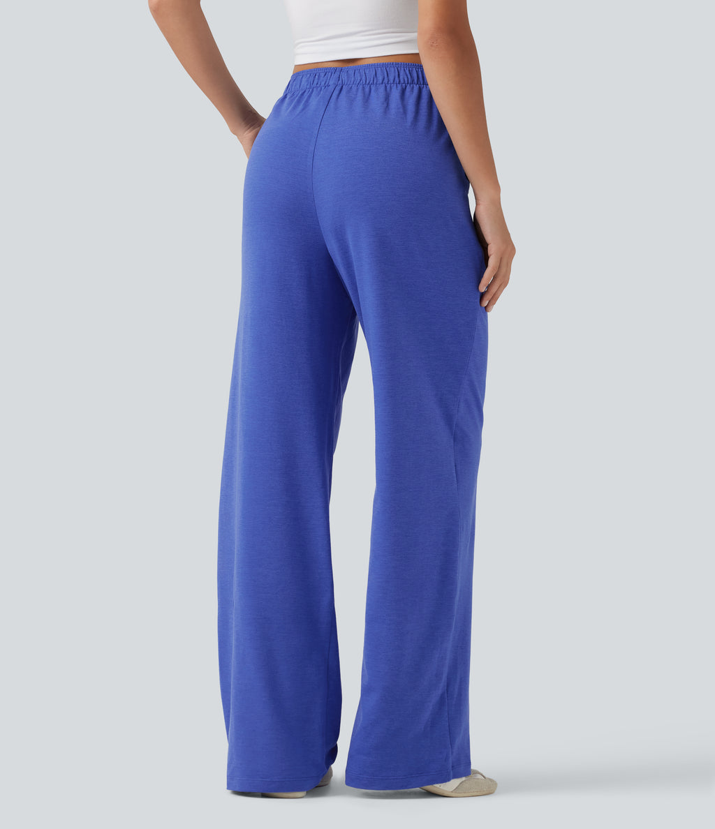 High Waisted Foldover Drawstring Side Pocket Straight Leg Casual Trousers — Mottled Glass Blue — view 3