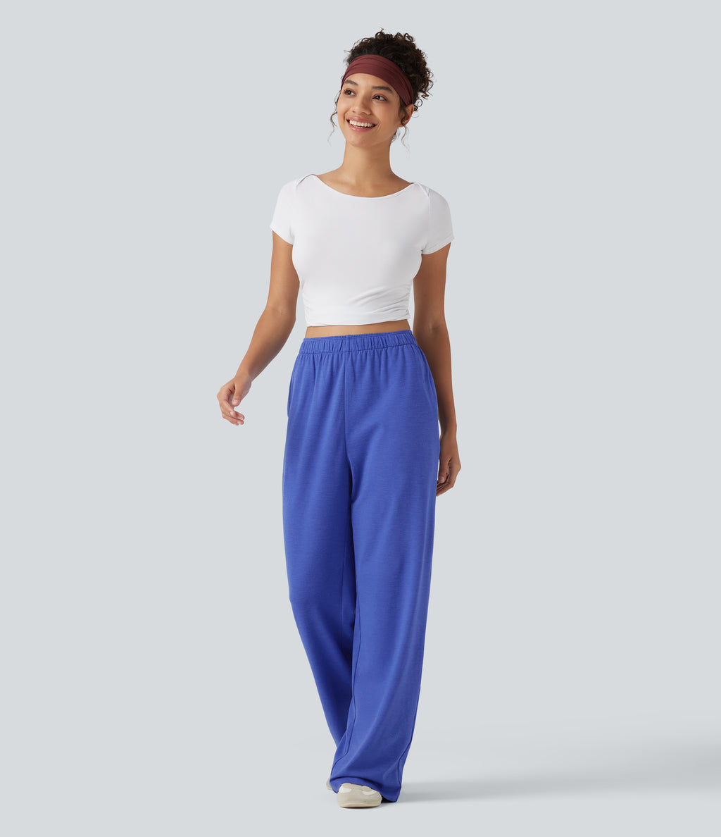 High Waisted Foldover Drawstring Side Pocket Straight Leg Casual Trousers — Mottled Glass Blue — view 8