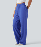High Waisted Foldover Drawstring Side Pocket Straight Leg Casual Trousers — Mottled Glass Blue — view 2
