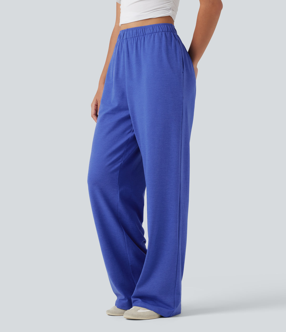 High Waisted Foldover Drawstring Side Pocket Straight Leg Casual Trousers — Mottled Glass Blue — view 2
