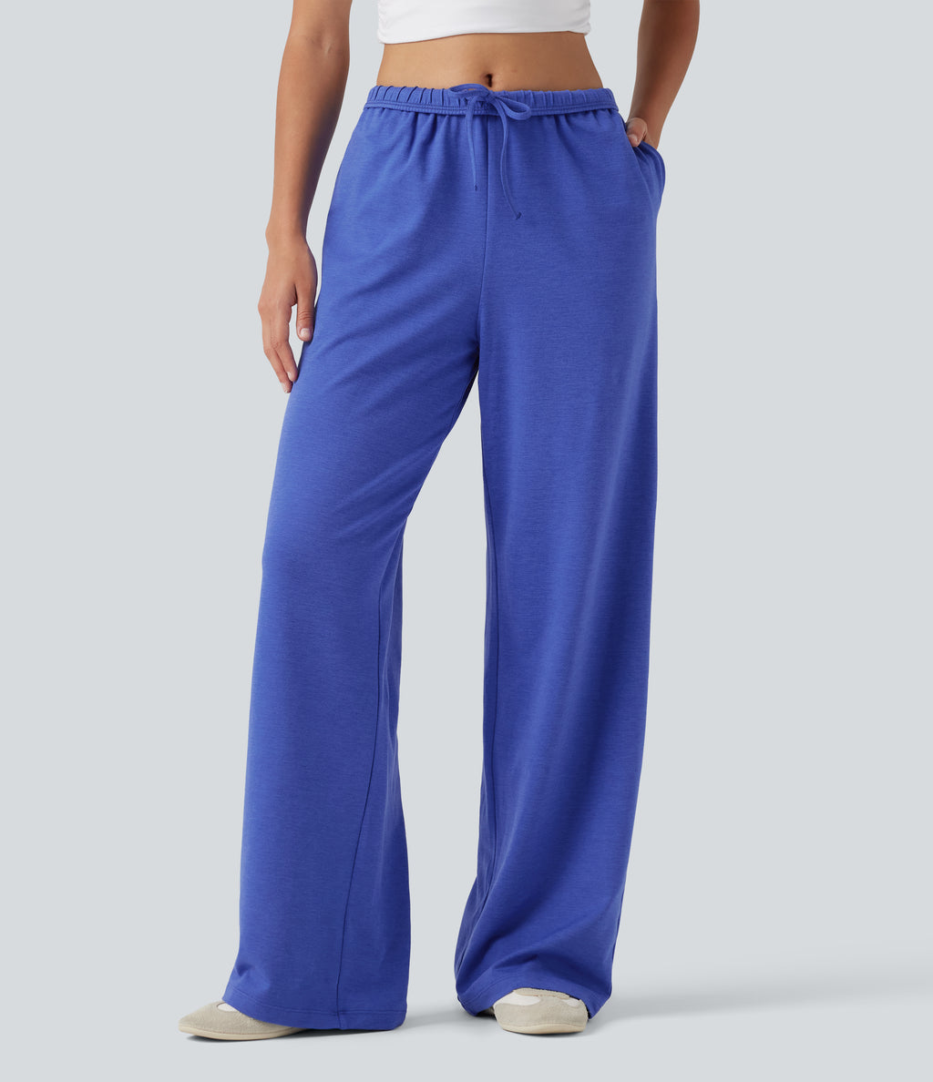 High Waisted Foldover Drawstring Side Pocket Straight Leg Casual Trousers — Mottled Glass Blue — view 1