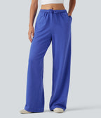 High Waisted Foldover Drawstring Side Pocket Straight Leg Casual Trousers — Mottled Glass Blue — view 1