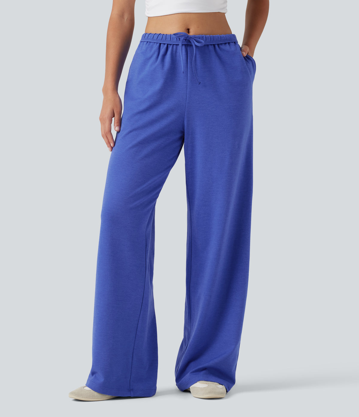 High Waisted Foldover Drawstring Side Pocket Straight Leg Casual Trousers — Mottled Glass Blue — view 1