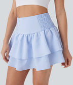High Waisted Tie Back Shirred Tiered Mini Casual Skirt — Azure White Stripe — view 6