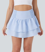 High Waisted Tie Back Shirred Tiered Mini Casual Skirt — Azure White Stripe — view 2