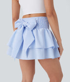 High Waisted Tie Back Shirred Tiered Mini Casual Skirt — Azure White Stripe — view 7