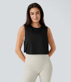 Round Neck Twisted Curved Hem Cropped Pickleball Tank Vest Top — Black — view 7