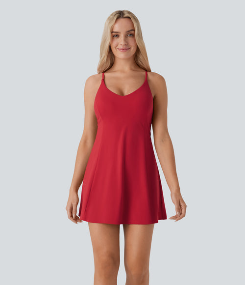 Airy Backless Racerback Adjustable Strap 2-in-1 Side Pocket Flare Mini Dance Active Dress-Edition — Salsa — view 2