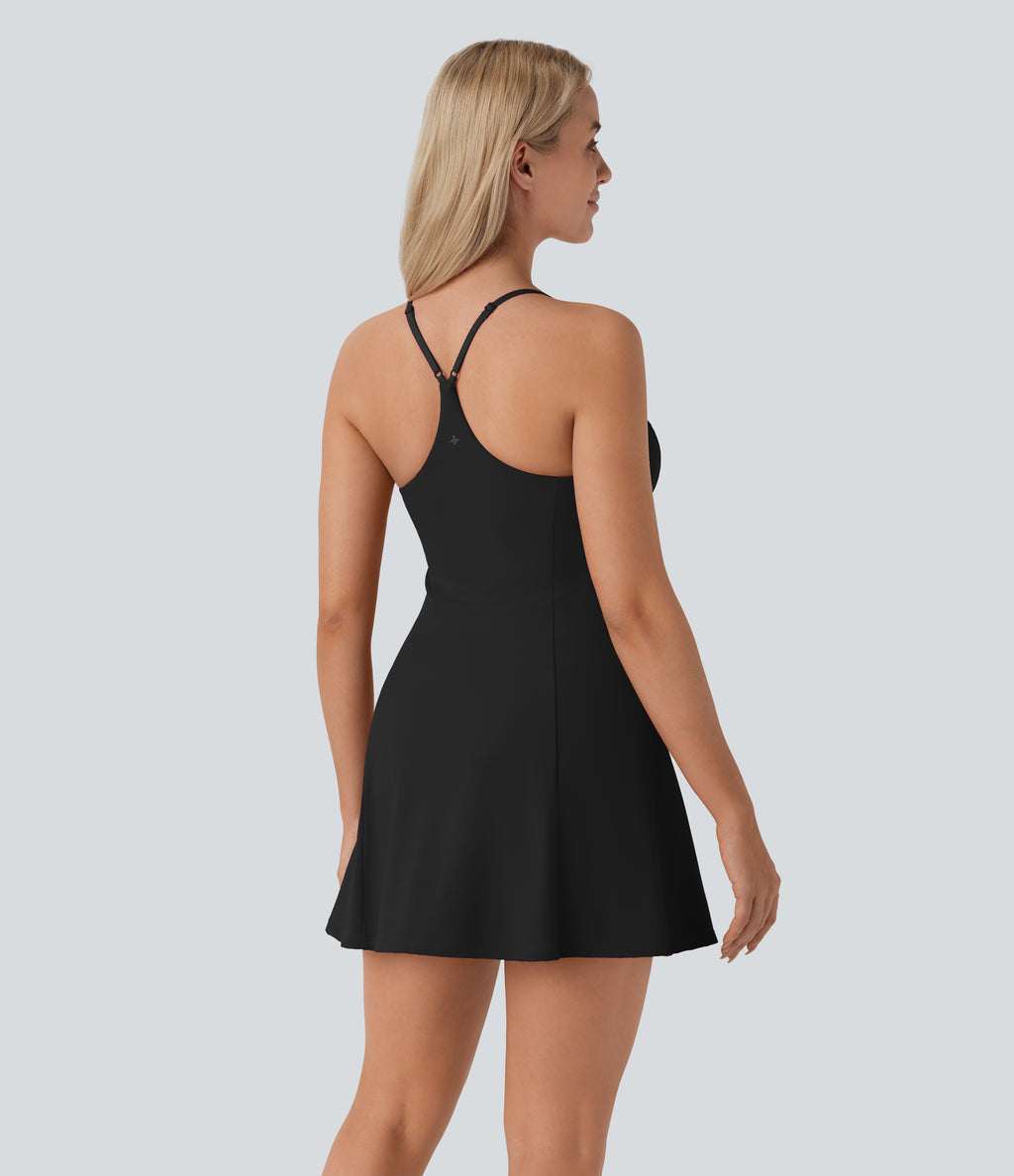 Airy Backless Racerback Adjustable Strap 2-in-1 Side Pocket Flare Mini Dance Active Dress-Edition — Black — view 9