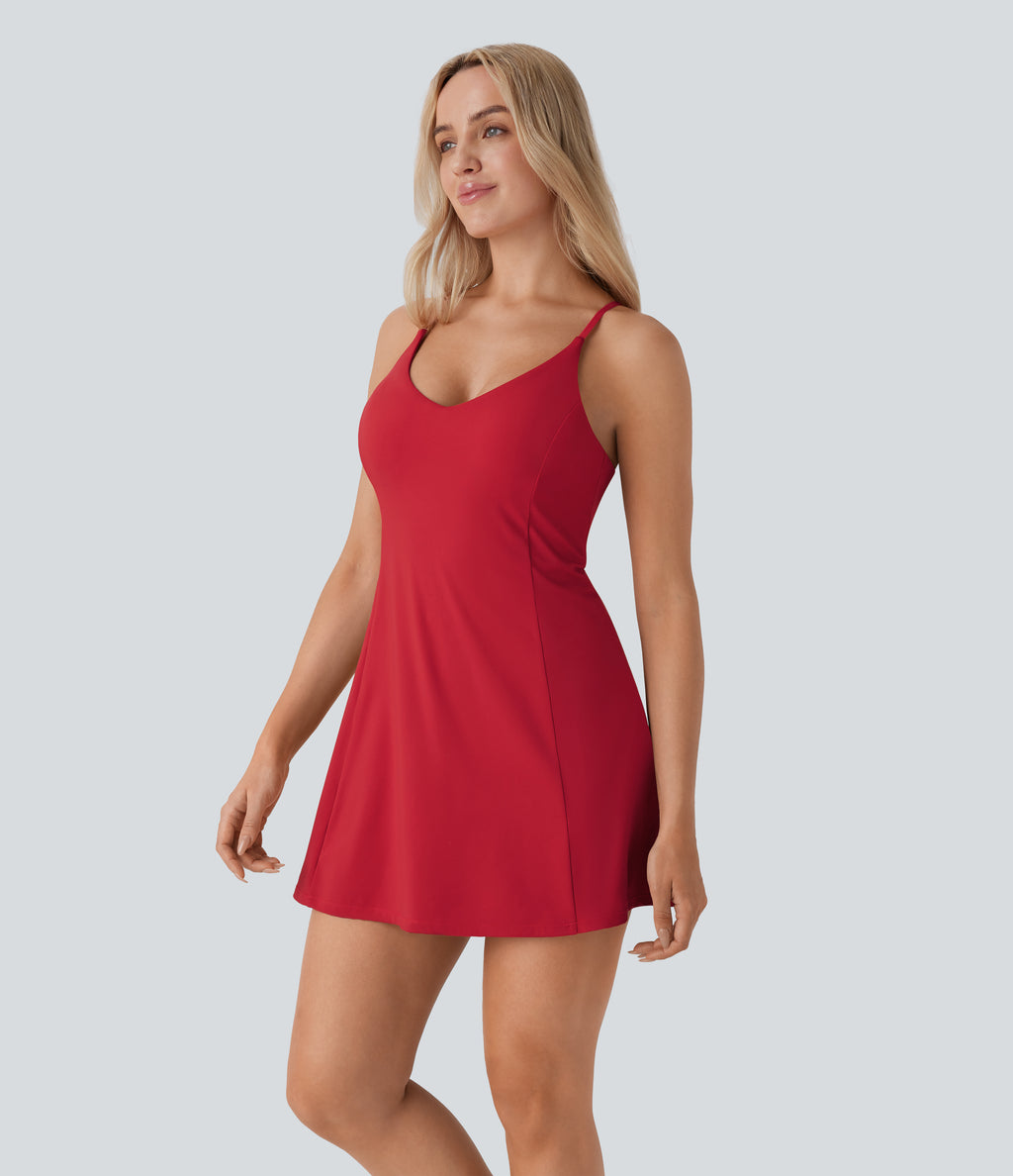 Airy Backless Racerback Adjustable Strap 2-in-1 Side Pocket Flare Mini Dance Active Dress-Edition — Salsa — view 3