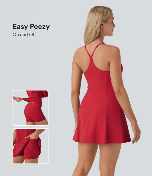Airy Backless Racerback Adjustable Strap 2-in-1 Side Pocket Flare Mini Dance Active Dress-Edition — Salsa — view 1