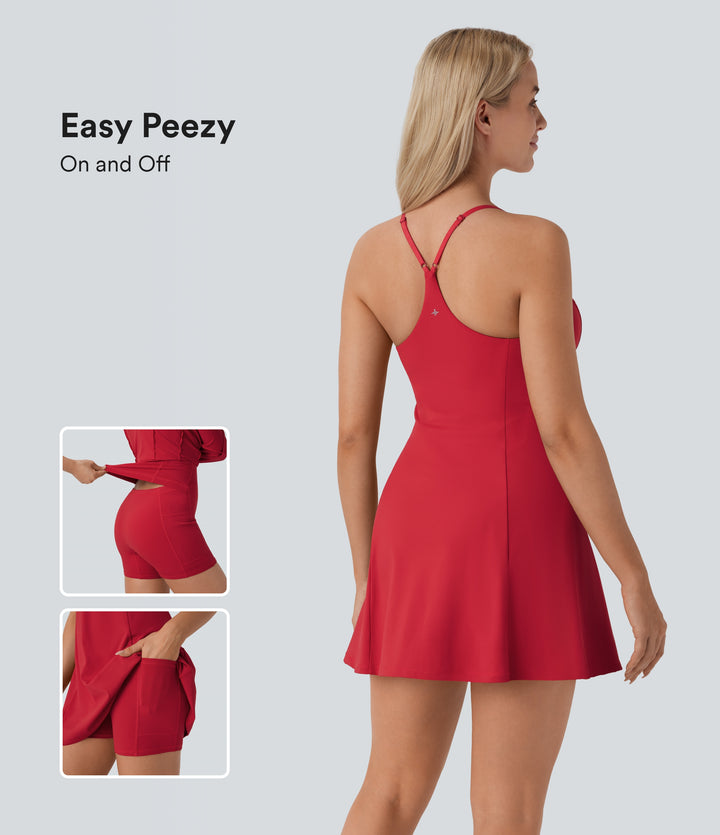 Airy Backless Racerback Adjustable Strap 2-in-1 Side Pocket Flare Mini Dance Active Dress-Edition — Salsa — view 1