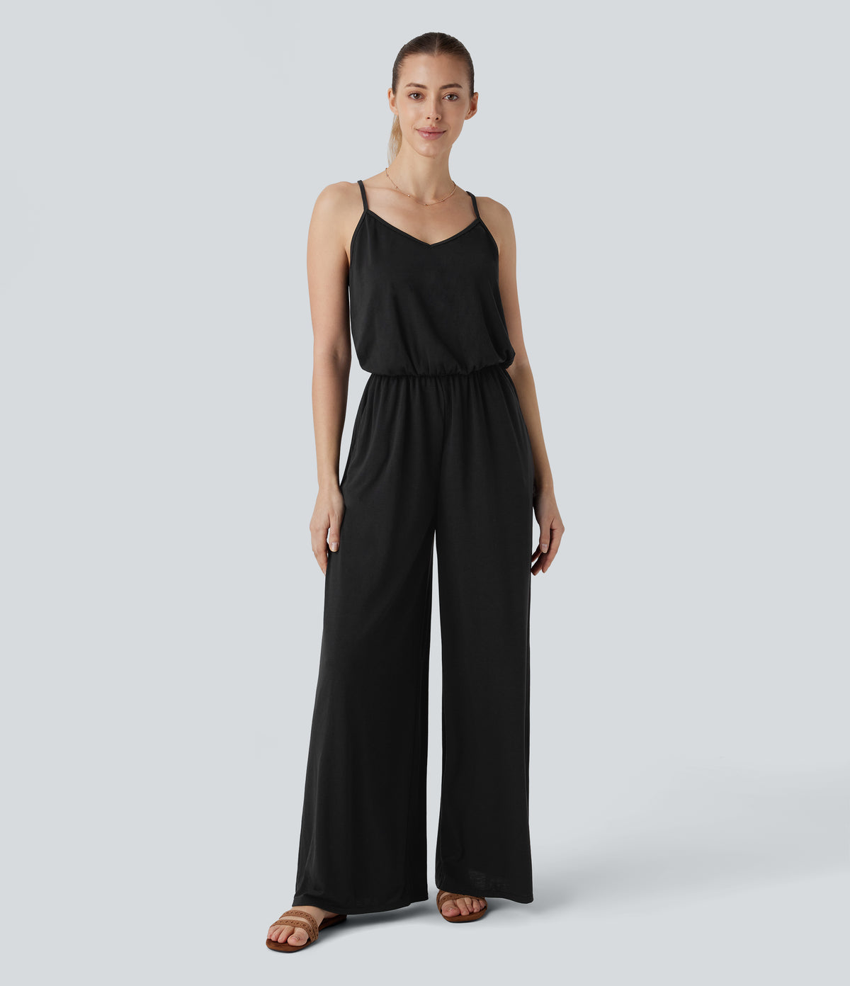 Adjustable & Removable Strap Side Pocket Wide Leg Resort Jumpsuit — Black — view 8