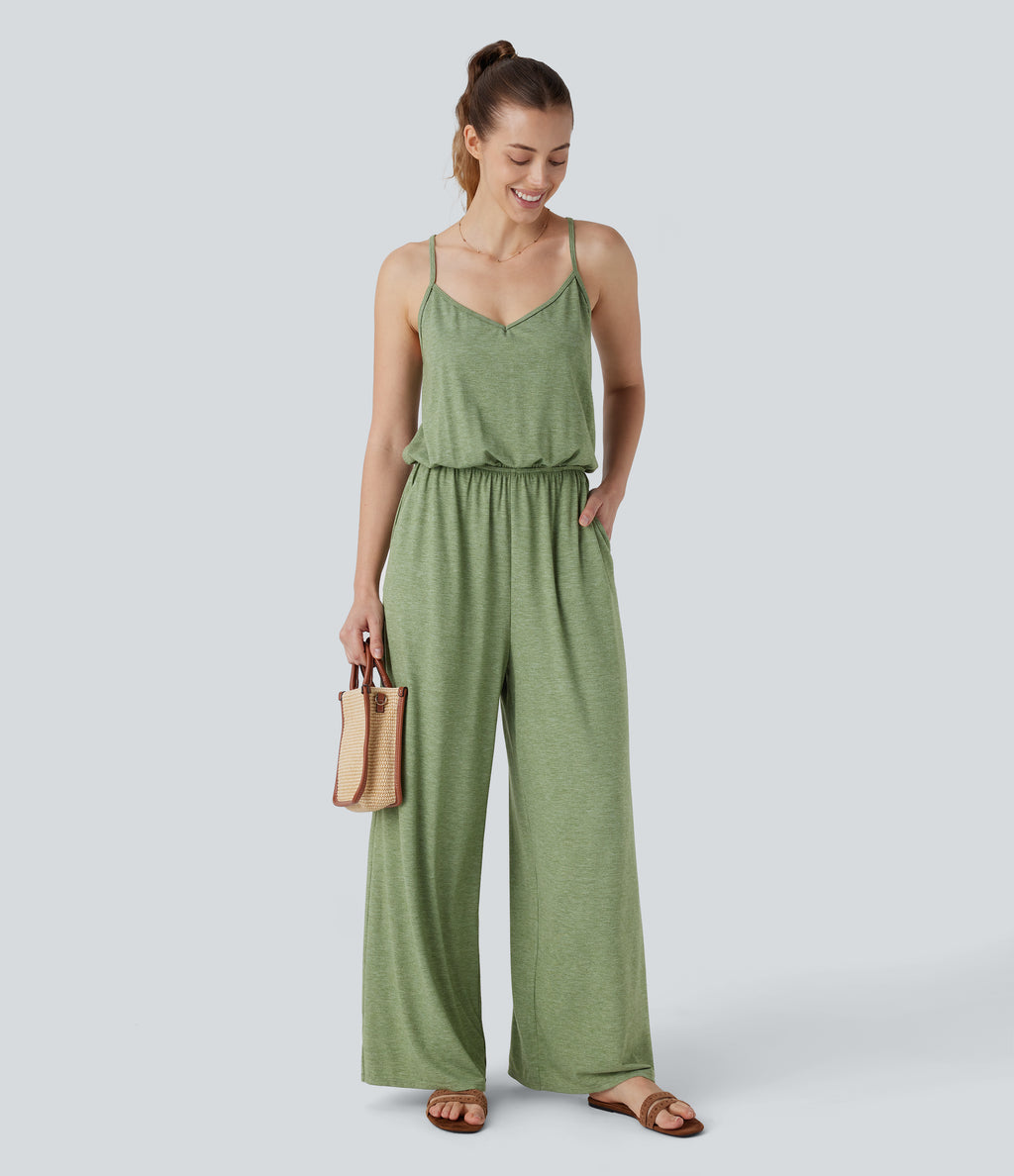 Adjustable & Removable Strap Side Pocket Wide Leg Resort Jumpsuit — Light Green Floral Yarn — view 7