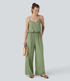Adjustable & Removable Strap Side Pocket Wide Leg Resort Jumpsuit — Light Green Floral Yarn — view 7