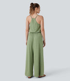 Adjustable & Removable Strap Side Pocket Wide Leg Resort Jumpsuit — Light Green Floral Yarn — view 2