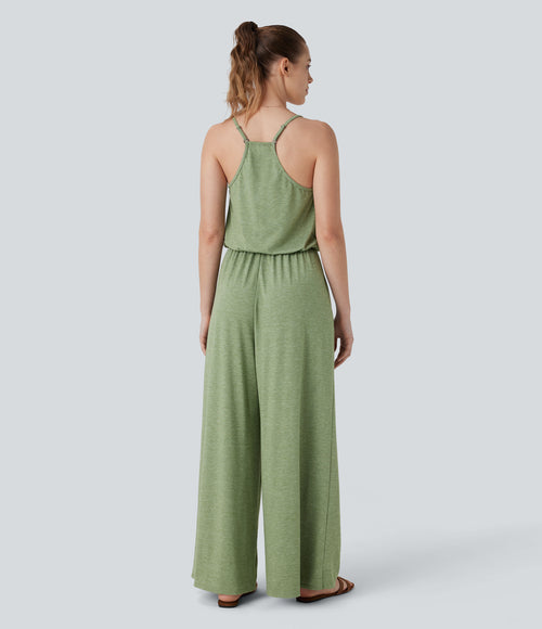 Adjustable & Removable Strap Side Pocket Wide Leg Resort Jumpsuit — Light Green Floral Yarn — view 2