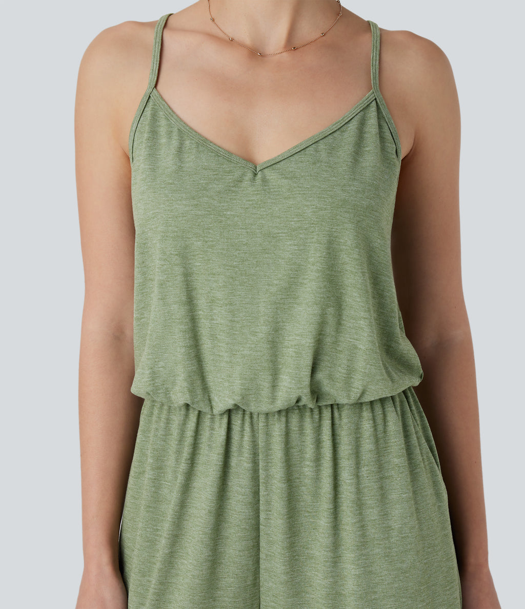 Adjustable & Removable Strap Side Pocket Wide Leg Resort Jumpsuit — Light Green Floral Yarn — view 4