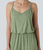 Adjustable & Removable Strap Side Pocket Wide Leg Resort Jumpsuit — Light Green Floral Yarn — view 4