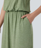 Adjustable & Removable Strap Side Pocket Wide Leg Resort Jumpsuit — Light Green Floral Yarn — view 6