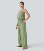 Adjustable & Removable Strap Side Pocket Wide Leg Resort Jumpsuit — Light Green Floral Yarn — view 3