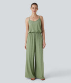 Adjustable & Removable Strap Side Pocket Wide Leg Resort Jumpsuit — Light Green Floral Yarn — view 1