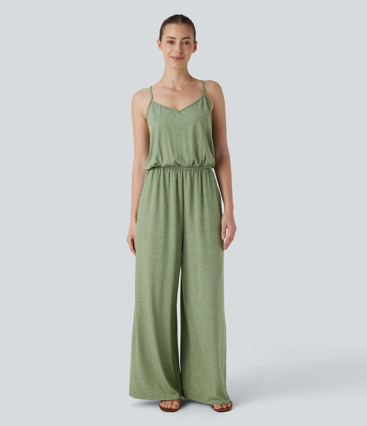 Adjustable & Removable Strap Side Pocket Wide Leg Resort Jumpsuit — Light Green Floral Yarn — view 1