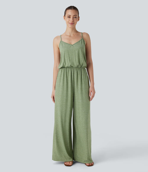 Adjustable & Removable Strap Side Pocket Wide Leg Resort Jumpsuit — Light Green Floral Yarn — view 1
