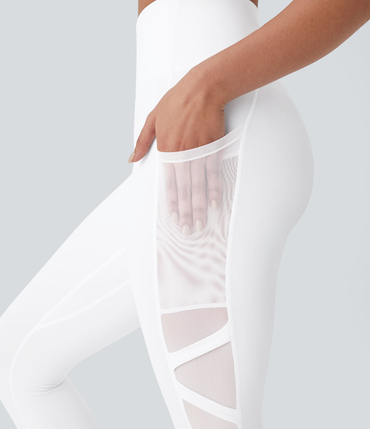 SpeedWave High Waisted Side Pocket Contrast Mesh Quick Dry Yoga Leggings — White — view 4