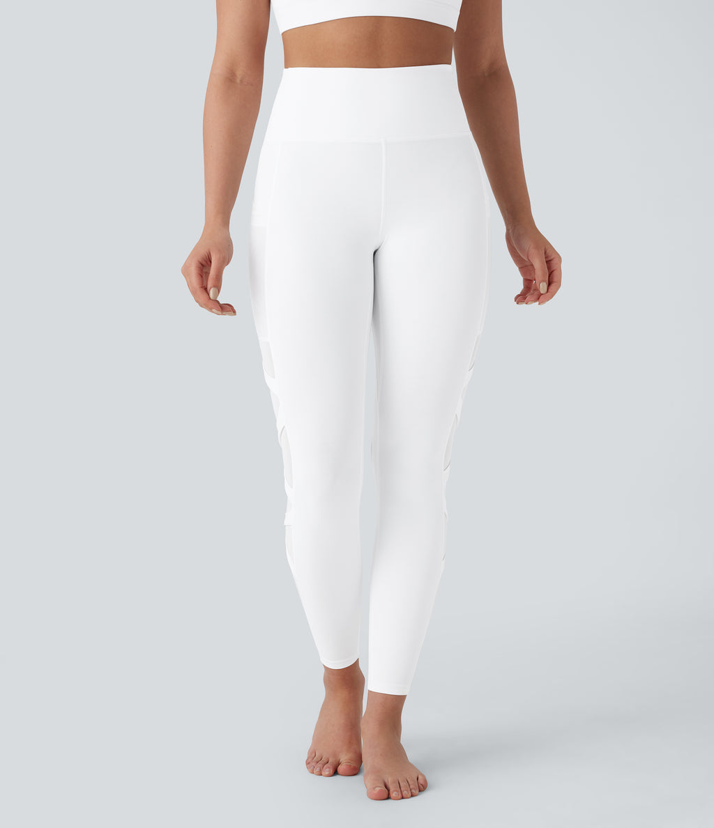 SpeedWave High Waisted Side Pocket Contrast Mesh Quick Dry Yoga Leggings — White — view 3