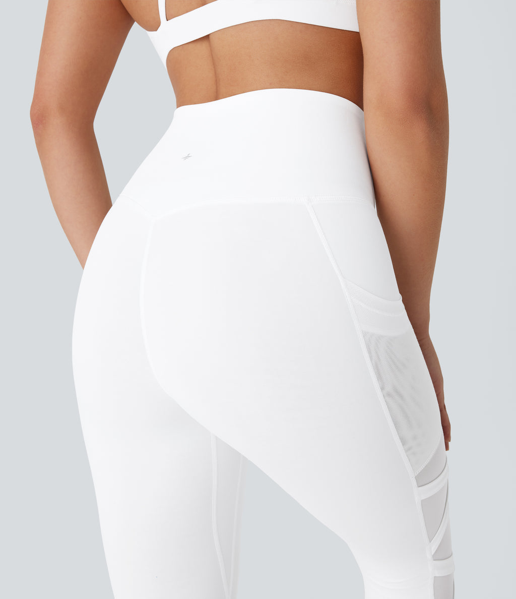 SpeedWave High Waisted Side Pocket Contrast Mesh Quick Dry Yoga Leggings — White — view 5