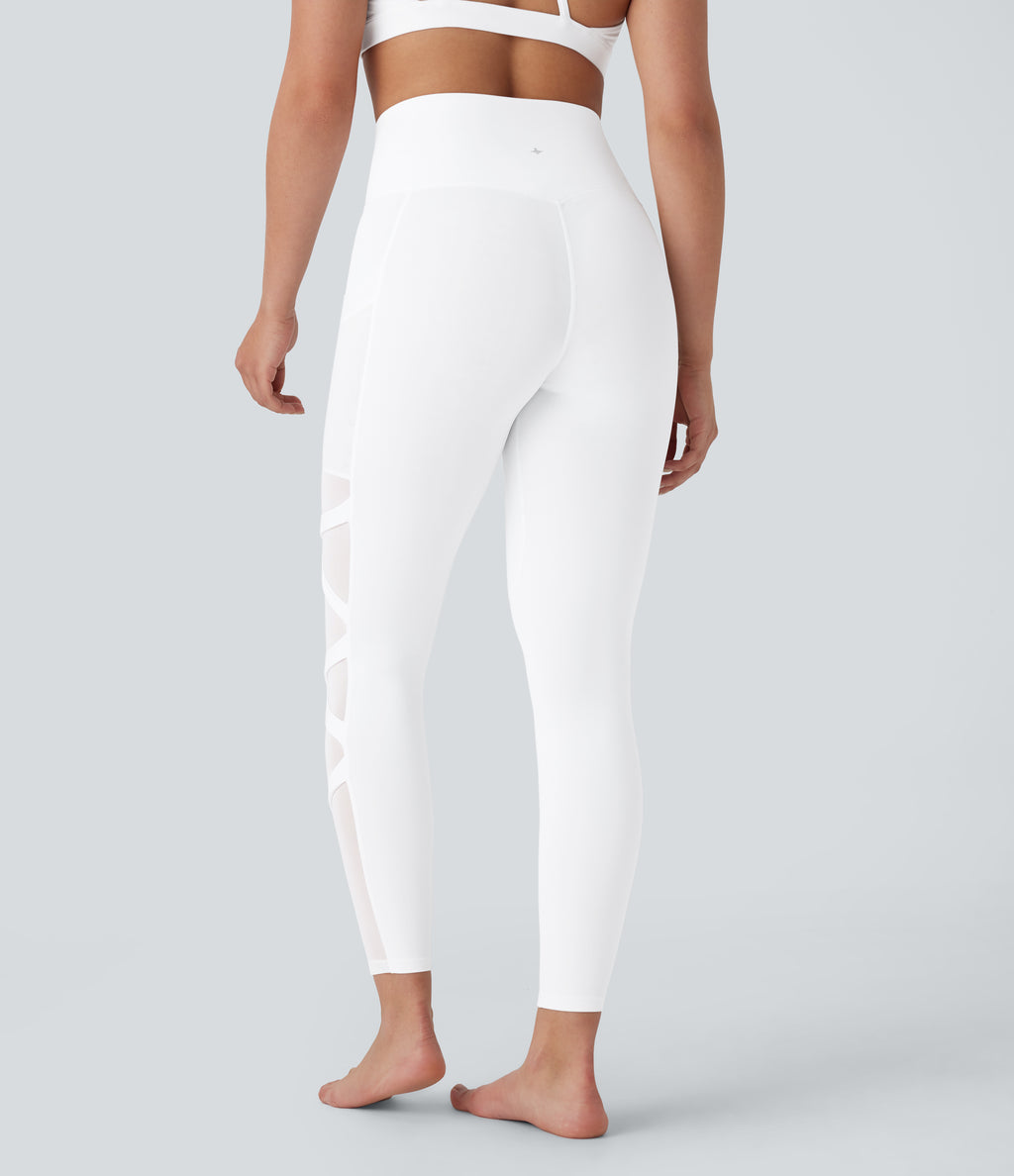 SpeedWave High Waisted Side Pocket Contrast Mesh Quick Dry Yoga Leggings — White — view 2