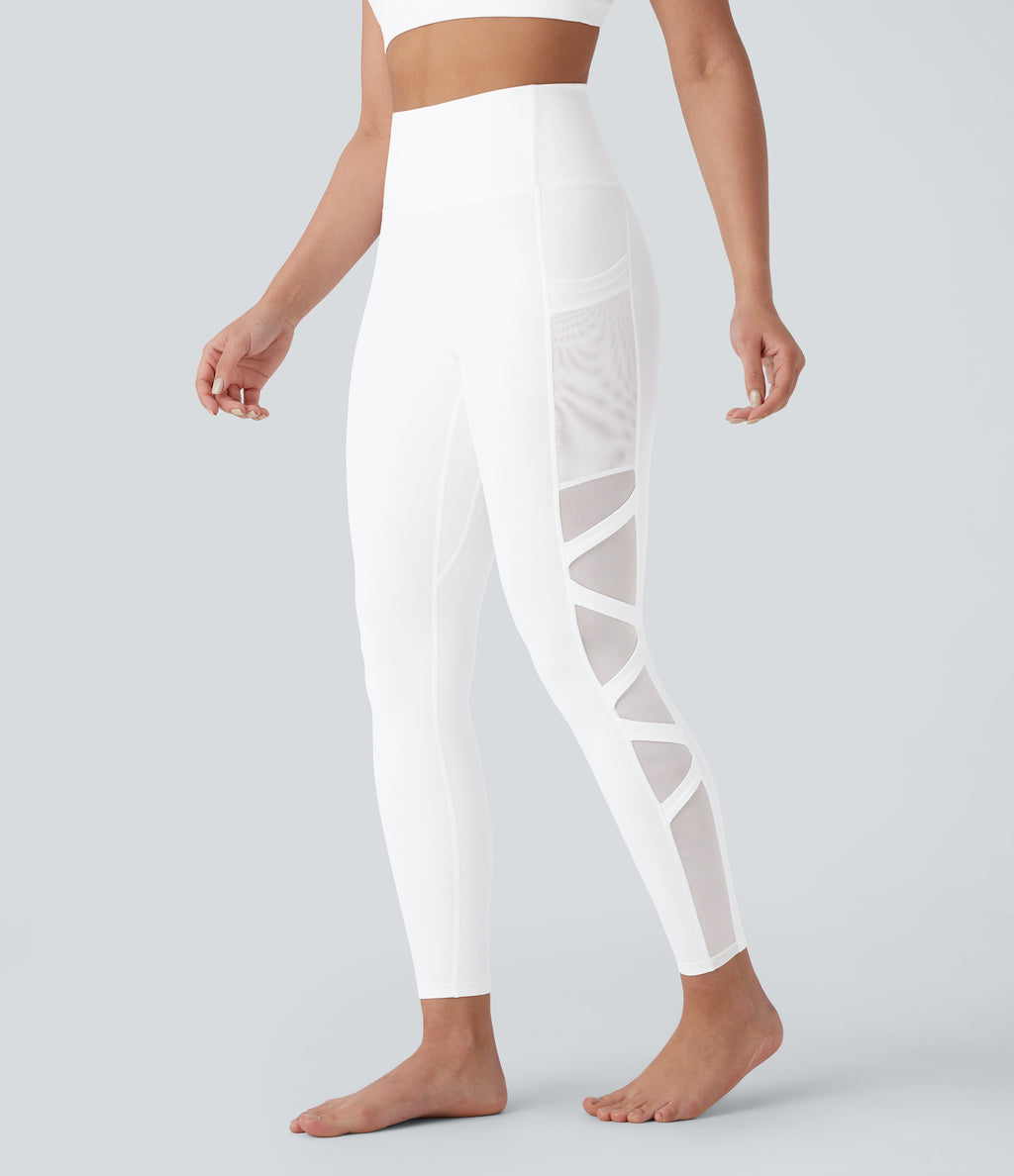 SpeedWave High Waisted Side Pocket Contrast Mesh Quick Dry Yoga Leggings — White — view 1