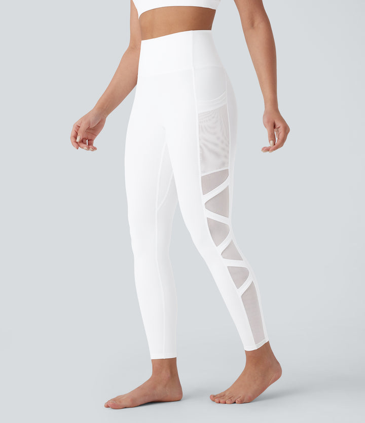 SpeedWave High Waisted Side Pocket Contrast Mesh Quick Dry Yoga Leggings — White — view 1