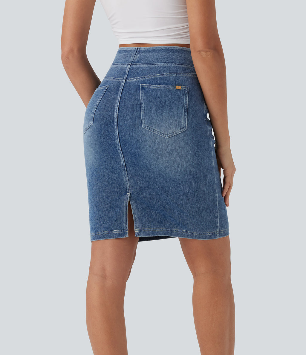 High Waisted Pockets Washed Denim Casual Skirt — Blue Gray Denim — view 2