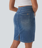 High Waisted Pockets Washed Denim Casual Skirt — Blue Gray Denim — view 5