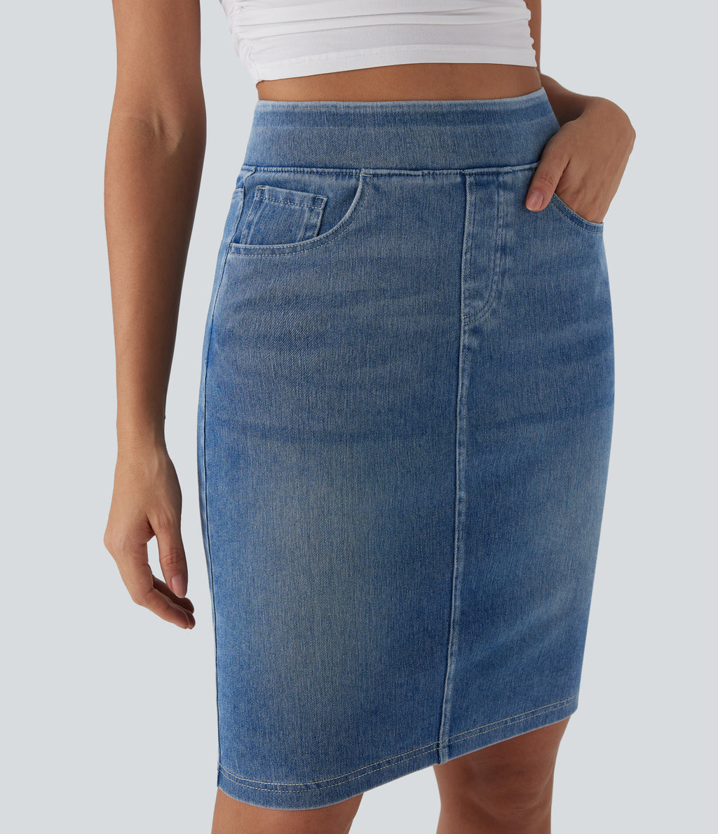 High Waisted Pockets Washed Denim Casual Skirt — Blue Gray Denim — view 4