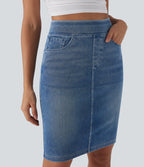High Waisted Pockets Washed Denim Casual Skirt — Blue Gray Denim — view 4
