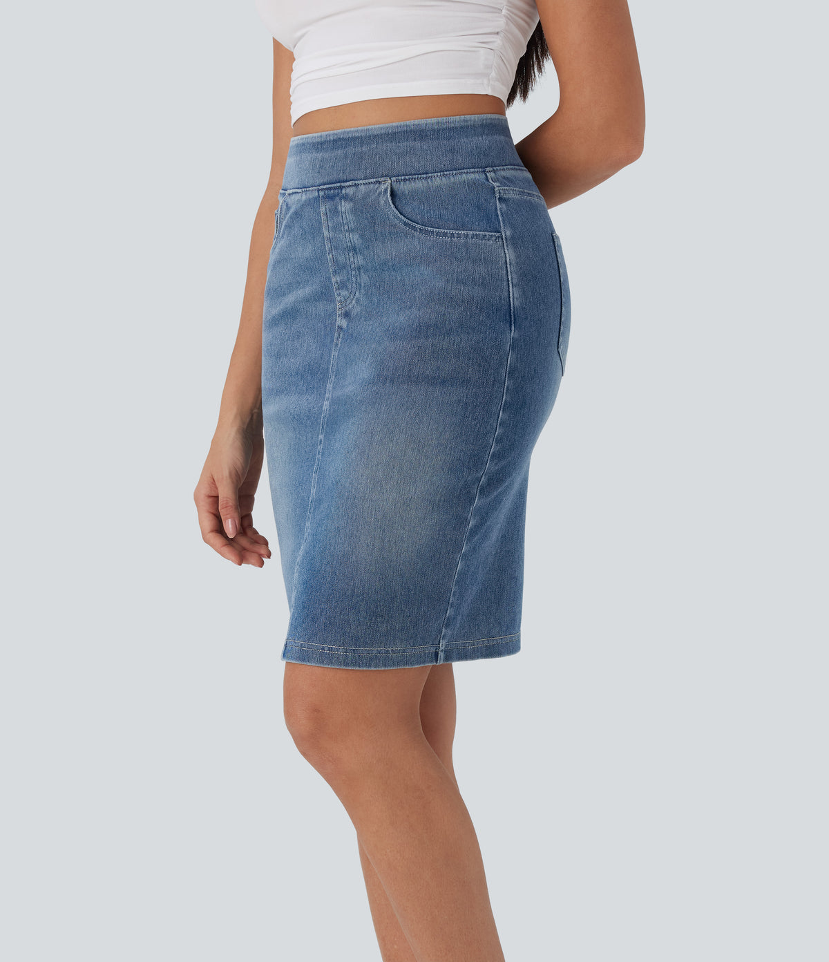 High Waisted Pockets Washed Denim Casual Skirt — Blue Gray Denim — view 3